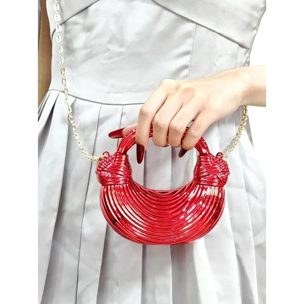 Women's Acrylic Crescent Clutch Bag Crossbody Purse with Chain Red Buckle